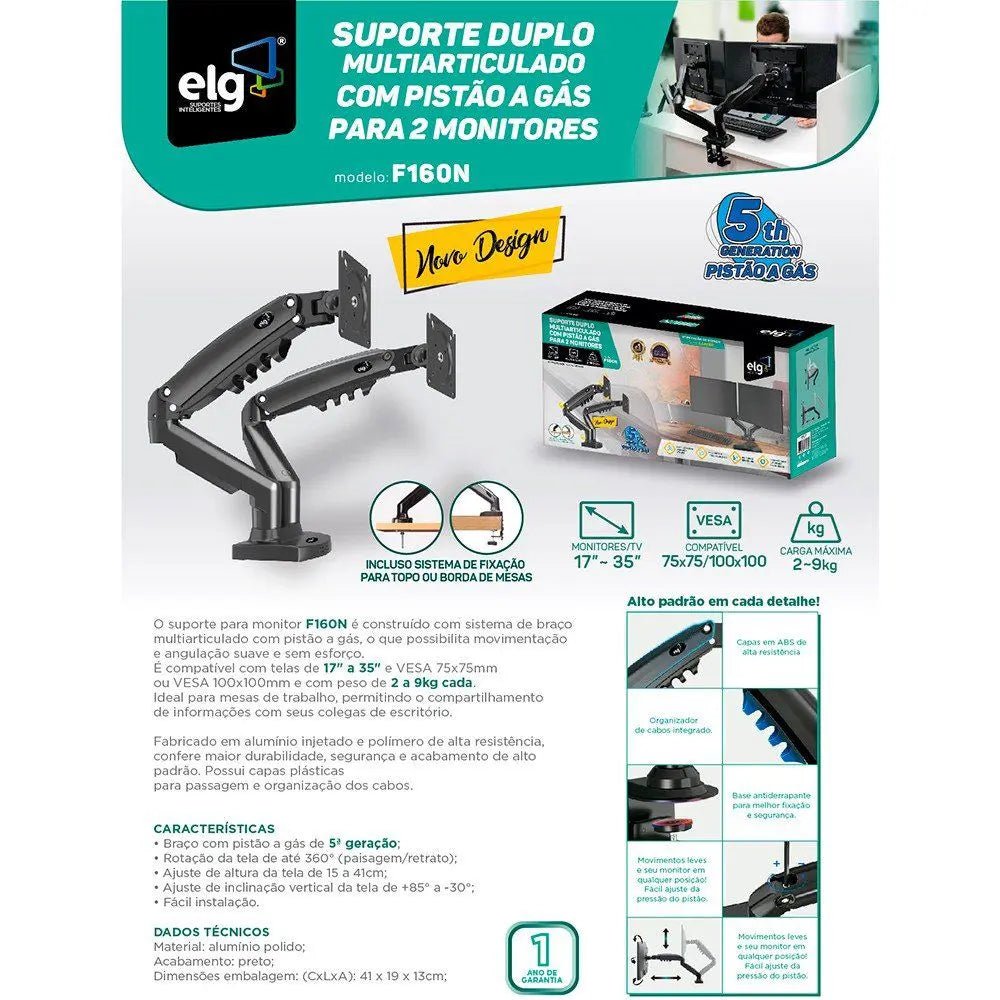 Suporte Articulado de Mesa para 2 Monitores ELG - FT tech
