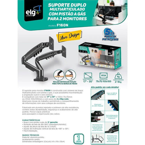 Suporte Articulado de Mesa para 2 Monitores ELG - FT tech