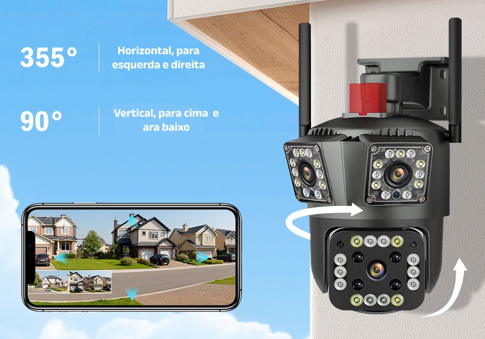 Câmera de Segurança - CANSITUM - WIFI HD 12MP IP - 3 Lentes, Rastreamento Automático, Detecção de Movimento, PTZ, À Prova d'Água - Loja FT Tech